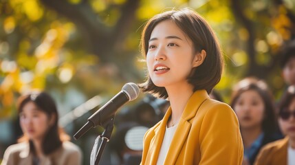 An Asian female politician standing confidently in front of a microphone