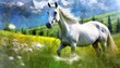 peinture d'un beau cheval blanc dans les prés en ia