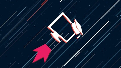Wall Mural - Distance learning symbol flies through the universe on a jet propulsion. The symbol in the center is shaking due to high speed. Seamless looped 4k animation on dark blue background with stars