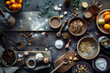 Assorted cooking ingredients on a rustic wooden table for a baking concept with natural light. Flat lay culinary composition