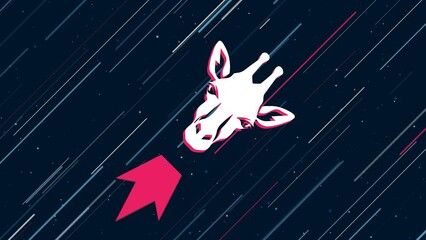 Wall Mural - Giraffe head symbol flies through the universe on a jet propulsion. The symbol in the center is shaking due to high speed. Seamless looped 4k animation on dark blue background with stars