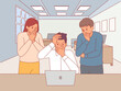 People getting bad news. Puzzled office staff look at laptop monitor, receiving negative stressful information through multimedia, scared men and women, vector cartoon flat isolated concept