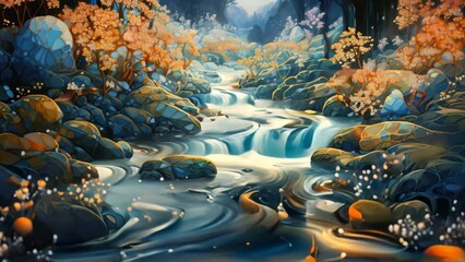 Canvas Print - A tranquil painting capturing a meandering river surrounded by a verdant forest, Flowing river of glittering gems, AI Generated