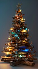 Wall Mural - A wooden Christmas tree made of driftwood and adorned with blue and gold ornaments and fairy lights.