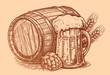 Hand drawn beer mug and wooden barrel. Vintage sketch vector illustration