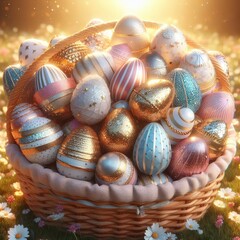 Wall Mural - basket with Easter golden eggs	