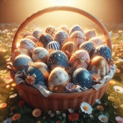 Wall Mural - basket with Easter eggs and flowers	