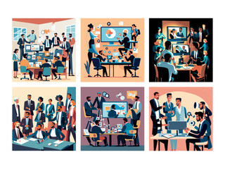 set business flat vector illustration design style concept. for graphic and web page banners, data analytics cartoon character design. team online video conference meeting. business planning, data ana