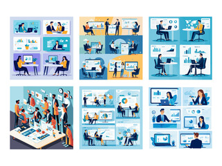 set business flat vector illustration design style concept. for graphic and web page banners, data analytics cartoon character design. team online video conference meeting. business planning, data ana