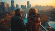 Captured from behind, a senior couple shares a serene moment, gazing at the city skyline at sunset, with the warm glow of the city lights starting to twinkle below