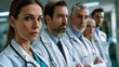 © ProPhotos - A group of doctors, including a woman and a man, are standing in a line with their arms crossed. They are wearing lab coats and stethoscopes.