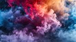 A billowing mass of multi-colored smoke, mostly red and blue, on a black background. The smoke is thick and billows in all directions, creating a dramatic and eye-catching effect.