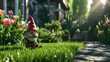 A garden gnome sits in the grass, surrounded by tulips and a path.