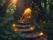 Capture the moment a secret door within a grand old tree trunk swings open, revealing the first steps into a magical, firefly-lit forest path