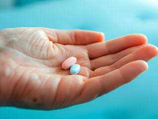 Male hand holding two pills in hand on a blue background, taking Your medication.