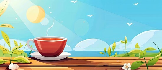 Sticker - A cup filled with liquid tea is placed on a wooden table, under a cloudfilled sky. The rectangleshaped cup is a piece of art in the serveware