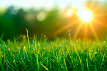 Wall Mural - Green grass on meadow and sky with clouds. Focus on front grass.