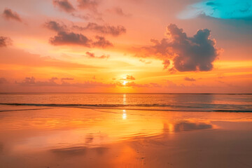 Wall Mural - Closeup sea sand beach. Panoramic beach landscape. Inspire tropical beach seascape horizon. Orange and golden sunset sky calmness tranquil relaxing sunlight summer mood.