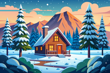 Wall Mural - Describe a cozy scene in a rustic cabin during a gentle snowfall.