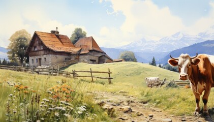 Canvas Print - Cow stands in a field in a pasture next to village houses. Banner with copy space.