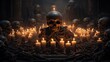 A human skull surrounded by lit candles and skeletal remains. The skull is in the center, surrounded by smaller skulls and bones. The scene has an eerie, gloomy atmosphere.