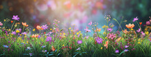 Green Grass And Spring Flowers On A Blurred Background
