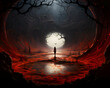 Halloween background with a silhouette of a man standing in the middle of the cemetery