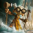 Brave Granny with Goggles Wielding Hammer by the Sea, Generative AI
