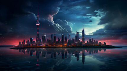 Wall Mural - Futuristic city on the background of the night sky with clouds