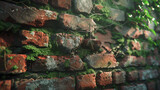 Fototapeta Boho - A close-up of a cracked, weathered brick wall with moss growing between the cracks