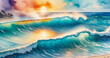 Colorful watercolor painting of a beach with a large wave in the foreground and a sunset in the background.