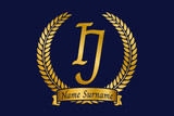 Fototapeta Konie - Initial letter I and J, IJ monogram logo design with laurel wreath. Luxury golden calligraphy font.