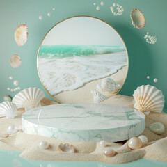 Wall Mural - an empty mock-up podium made of white marble against a background of delicate mint shades with sand, shells and pearls