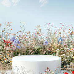 Wall Mural - Mock-up of a white podium against a background of wildflowers. 3D