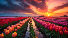 Rows Of Colorful Tulips Line The Fields Under A Dramatic Sunset Sky, Highlighting The Beauty Of Spring