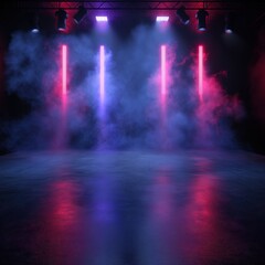 Wall Mural - stage lights. abstract scene with round podium, neon light and smoke.