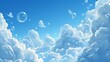 White, fluffy clouds resembling bubbles drift through a blue sky. These cartoonish cumulus clouds are perfect for weather forecasts and representing nature outdoors.