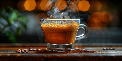 Wall Mural - Hot Coffee in Steaming Cup with Coffee Beans Scattered Around