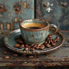 Wall Mural - Hot Coffee in Steaming Cup with Coffee Beans Scattered Around