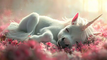 Little White Unicorn Is Sleeping, Pink Flower Background