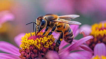 Wall Mural - Nature's Harmony: Bee Pollinating Flower, generative ai