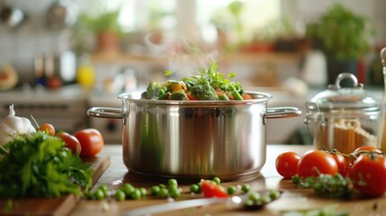 Wall Mural - A pot of food on a wooden table, perfect for food and cooking concepts