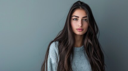 Poster - A beautiful young woman with long brown hair, suitable for various projects