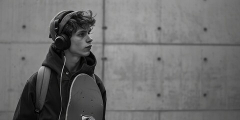 Wall Mural - A young man with headphones and a skateboard. Perfect for urban lifestyle concepts