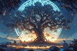 A Yggdrasil tree of life with many roots and branches, the trunk is blue and white with fire around it. There is an oak tree in front surrounded by birds. 