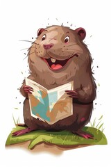 Poster - Cartoon groundhog reading book on grass, suitable for educational concepts