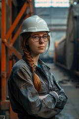 Wall Mural - A woman wearing a hard hat and safety glasses. Suitable for construction and safety concepts