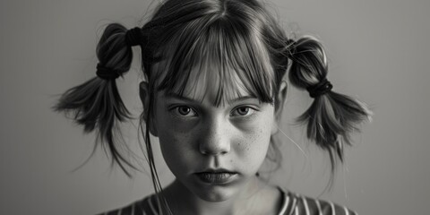 Wall Mural - A young girl with two ponytails in her hair, suitable for various projects