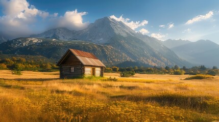 Poster - A small cabin in a field with mountains in the background. Suitable for nature or rural themed designs