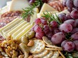delightful wine pairing, a selection of snacks awaits: artisanal cheeses, savory meats, crunchy nuts, juicy grapes, and crisp crackers. These delectable bites are arranged artfully on a platter, 